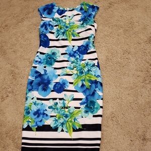 Vince Camuto Blue Floral Striped Midi Dress